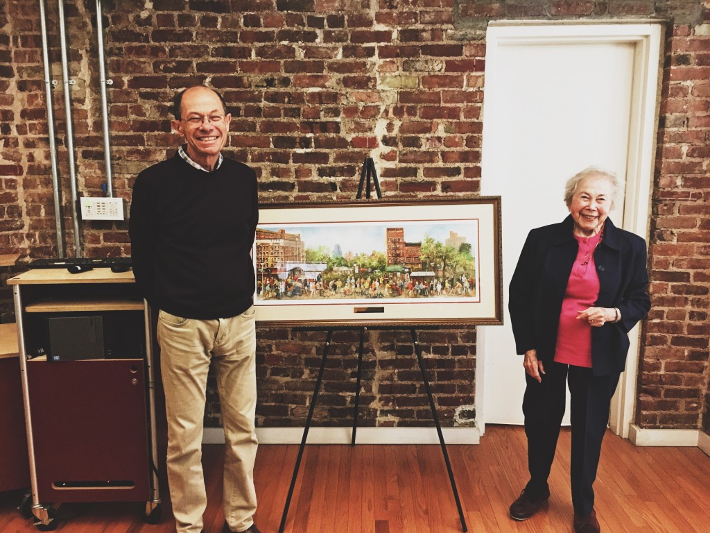 Tenement Museum President Dr. Morris J. Vogel and artist Hedy P posing with Grand Street NYC.